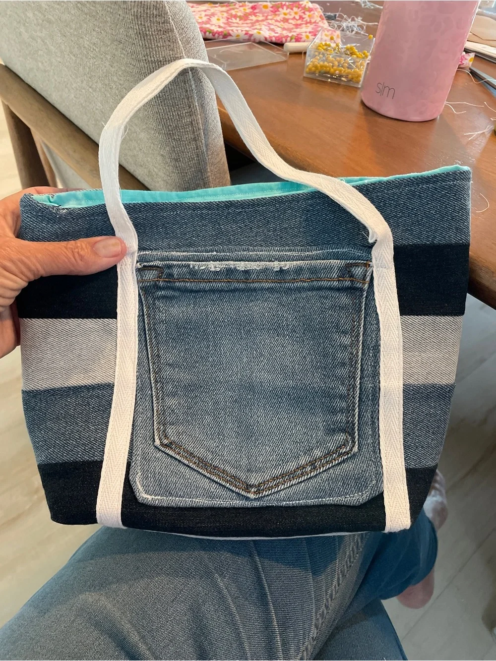 Striped Denim Pocket Tote Bag - Blue